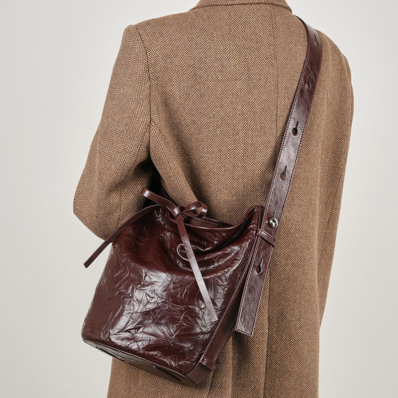 Women’s Minimalist Genuine Leather Hand Grain Crossbody Shoulder Bucket Bag image 4
