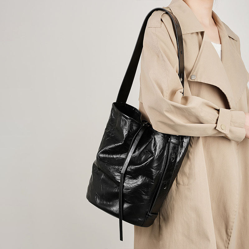 Women’s Minimalist Genuine Leather Hand Grain Crossbody Shoulder Bucket Bag image 6