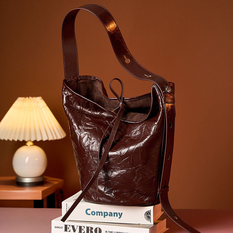 Women’s Minimalist Genuine Leather Hand Grain Crossbody Shoulder Bucket Bag image 2