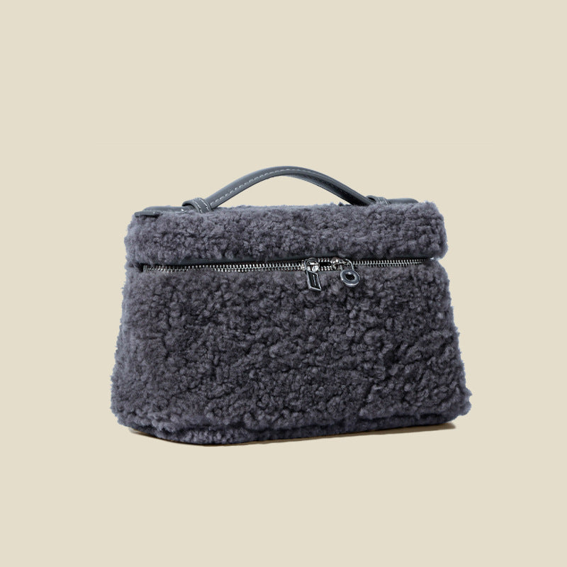 Women’s Minimalist Genuine Leather Lamb Fur Crossbody Top Handle Bag image 4