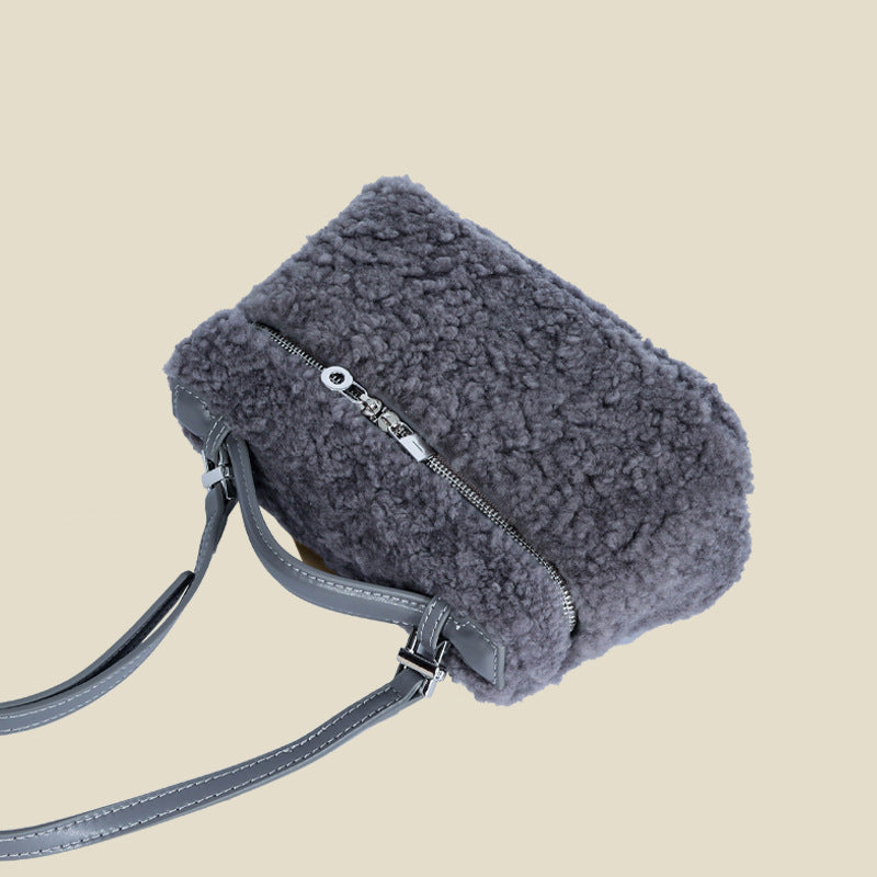 Women’s Minimalist Genuine Leather Lamb Fur Crossbody Top Handle Bag image 5