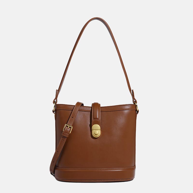 Women’s Minimalist Genuine Leather Lock Buckle Crossbody Bucket Bag image