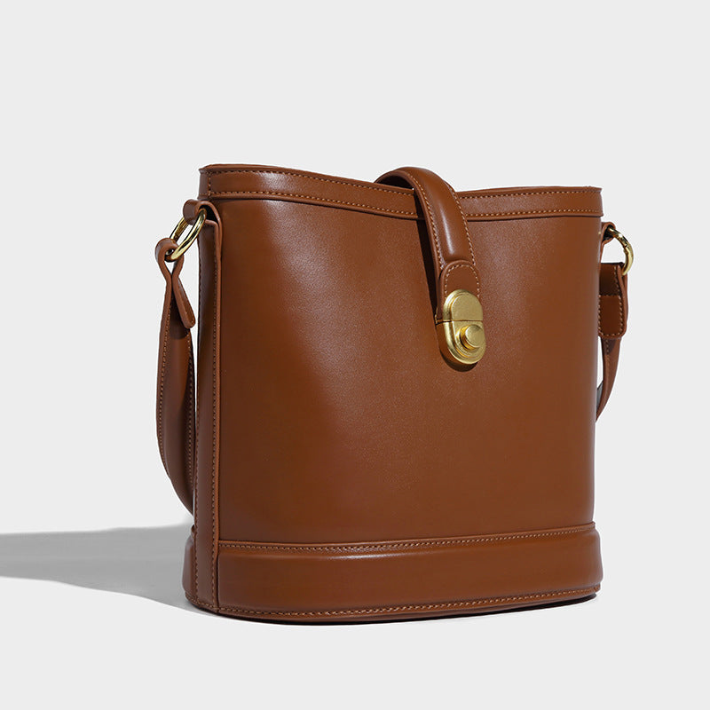 Women’s Minimalist Genuine Leather Lock Buckle Crossbody Bucket Bag image 3