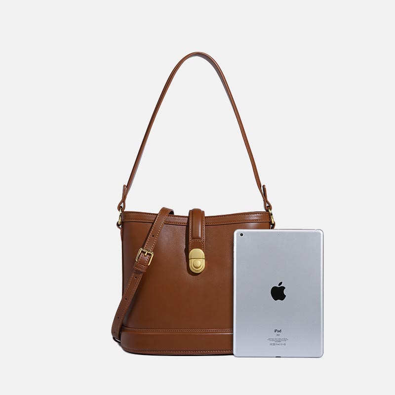 Women’s Minimalist Genuine Leather Lock Buckle Crossbody Bucket Bag image 2