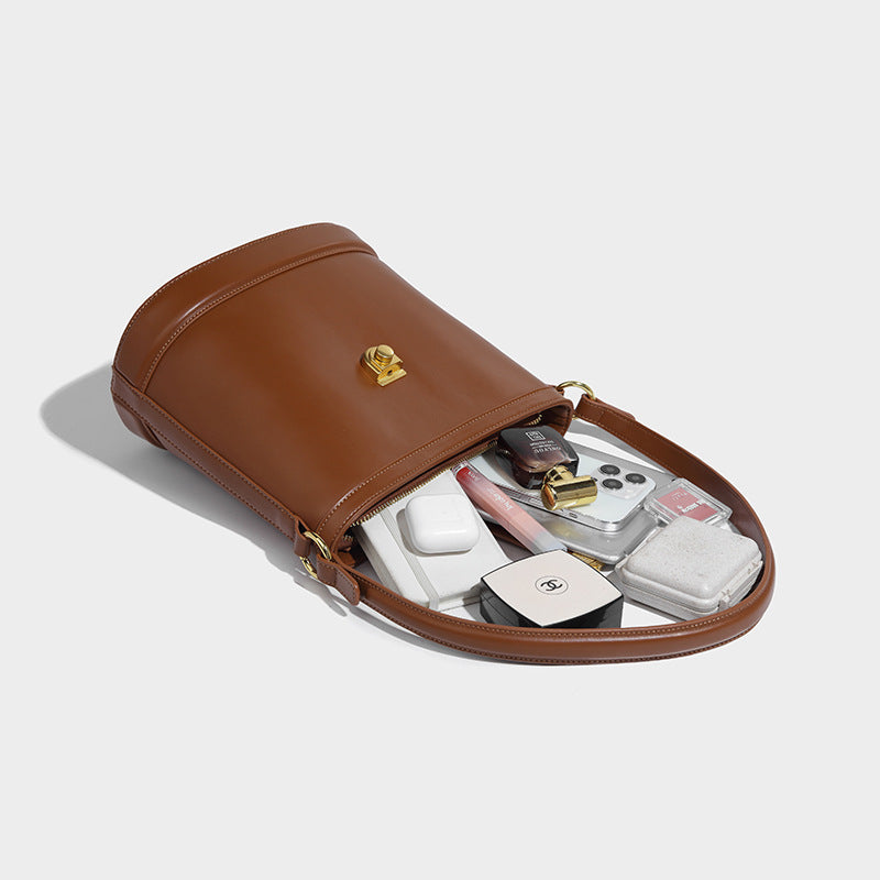 Women’s Minimalist Genuine Leather Lock Buckle Crossbody Bucket Bag image 4