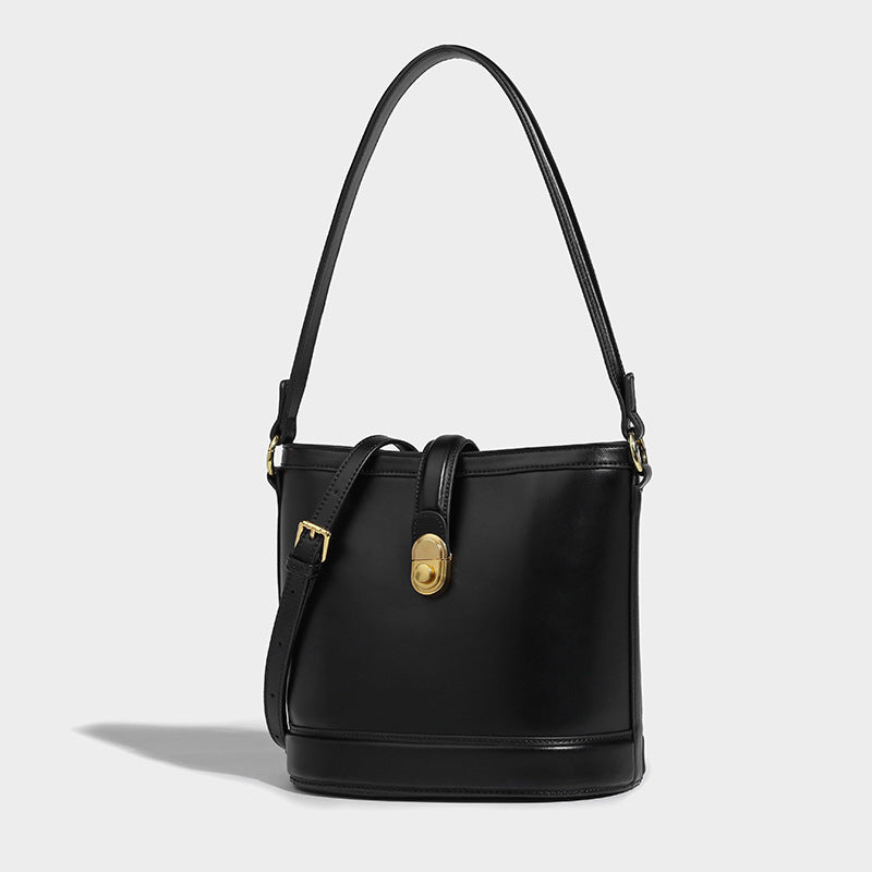 Women’s Minimalist Genuine Leather Lock Buckle Crossbody Bucket Bag image 5