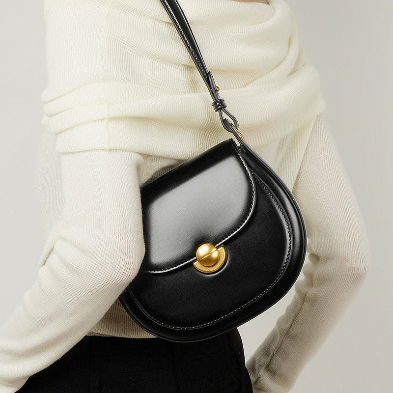 Women’s Minimalist Genuine Leather Lock Buckle Crossbody Saddle Bag image 5