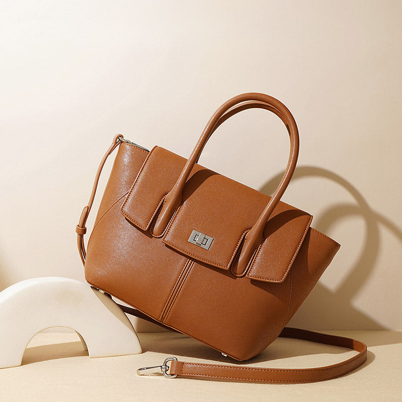 Women’s Minimalist Genuine Leather Lock-Closure Crossbody Tote Bag image 6