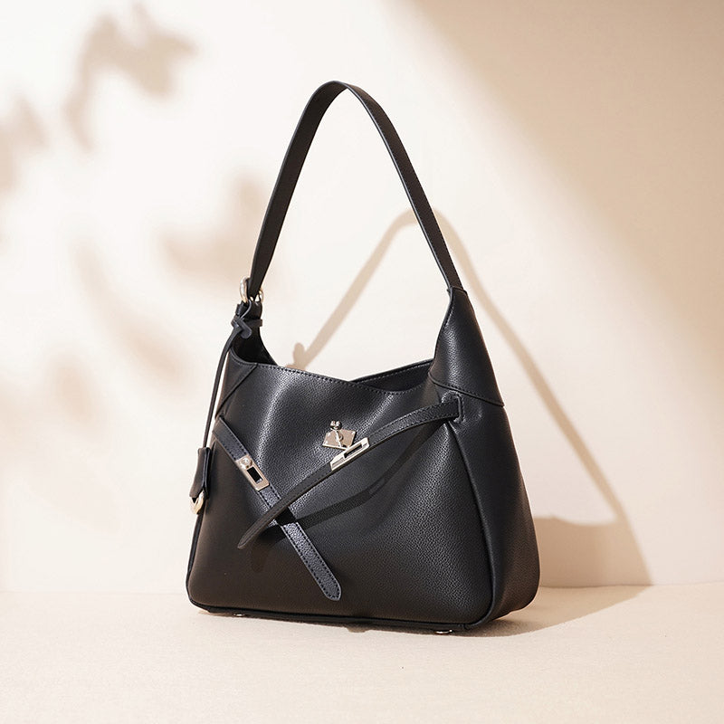 Women’s Minimalist Genuine Leather Lock Closure Shoulder Bag image 2