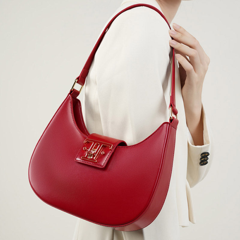 Women’s Minimalist Genuine Leather Lock-Closure Shoulder Baguette Bag image 7