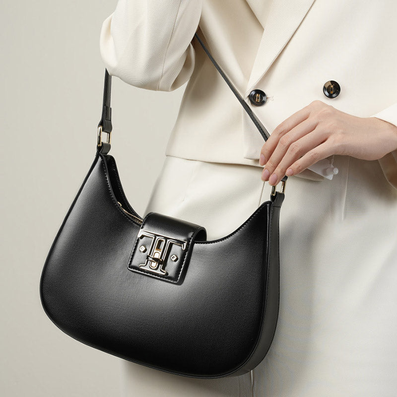 Women’s Minimalist Genuine Leather Lock-Closure Shoulder Baguette Bag image 3