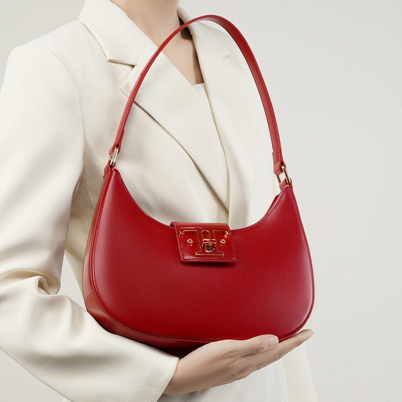 Women’s Minimalist Genuine Leather Lock-Closure Shoulder Baguette Bag image 6