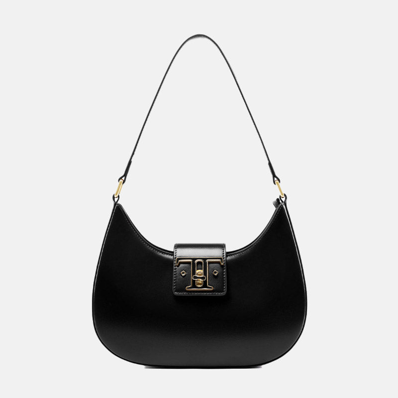 Women’s Minimalist Genuine Leather Lock-Closure Shoulder Baguette Bag image