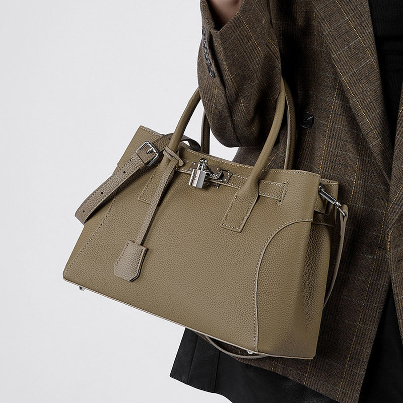 Women’s Minimalist Genuine Leather Lock-Closure Shoulder Tote Bag image 2