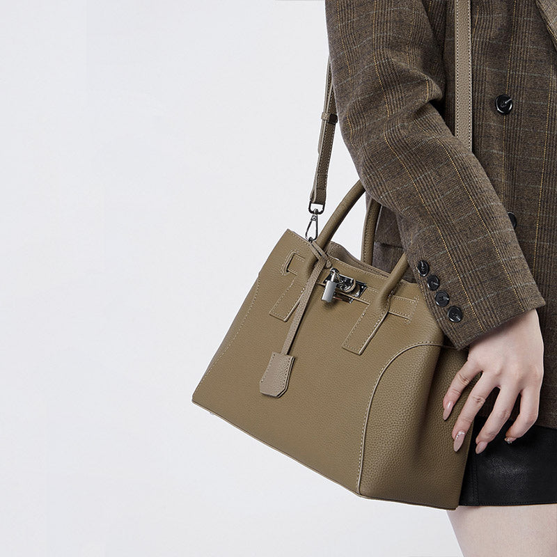 Women’s Minimalist Genuine Leather Lock-Closure Shoulder Tote Bag image 3