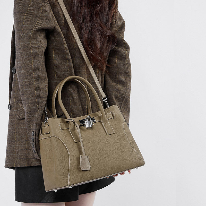 Women’s Minimalist Genuine Leather Lock-Closure Shoulder Tote Bag image 4