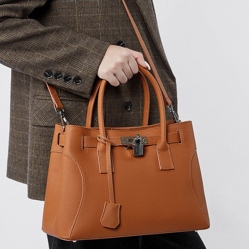 Women’s Minimalist Genuine Leather Lock-Closure Shoulder Tote Bag image 6