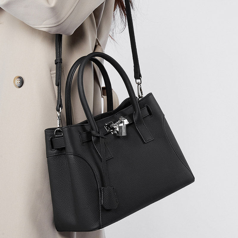Women’s Minimalist Genuine Leather Lock-Closure Shoulder Tote Bag image 8