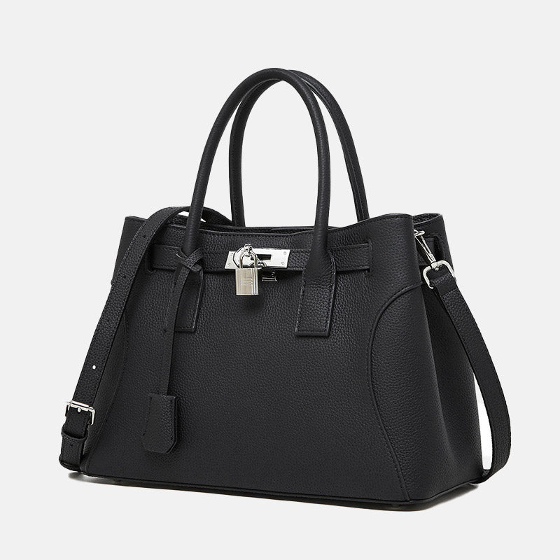 Women’s Minimalist Genuine Leather Lock-Closure Shoulder Tote Bag image 7