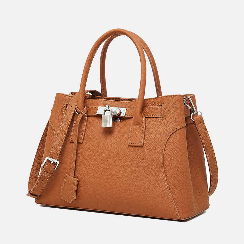 Women’s Minimalist Genuine Leather Lock-Closure Shoulder Tote Bag image 5