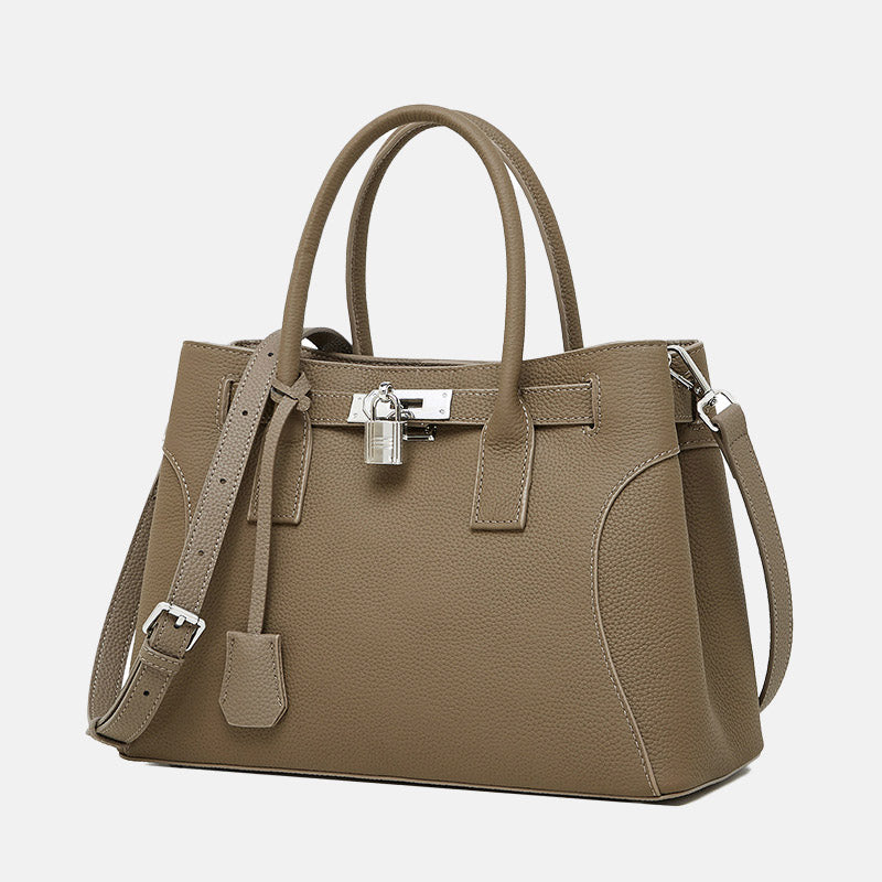 Women’s Minimalist Genuine Leather Lock-Closure Shoulder Tote Bag image