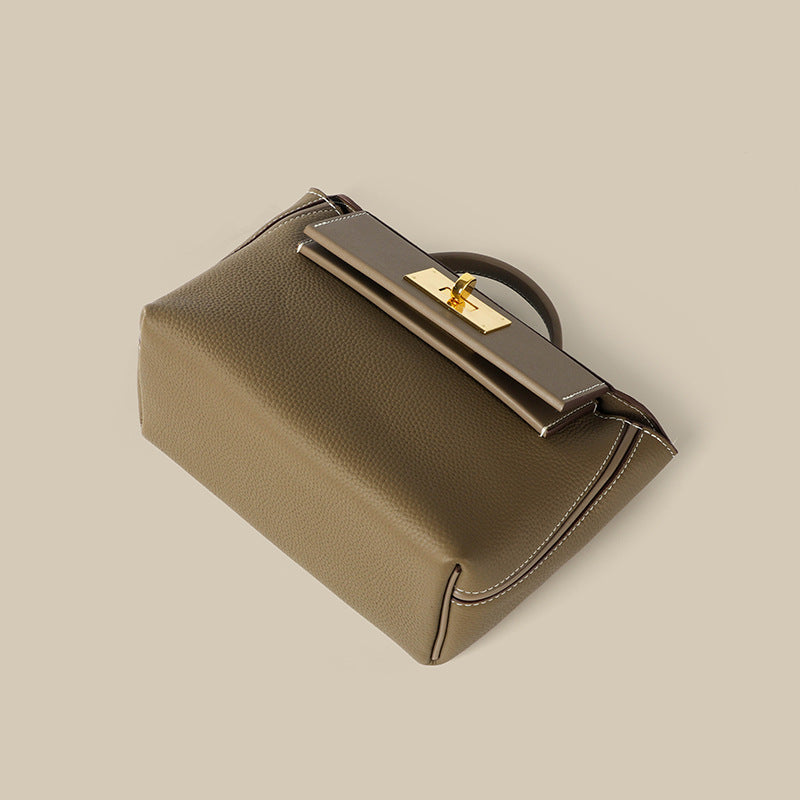 Women’s Minimalist Genuine Leather Lock Closure Top Handle Bag image 5