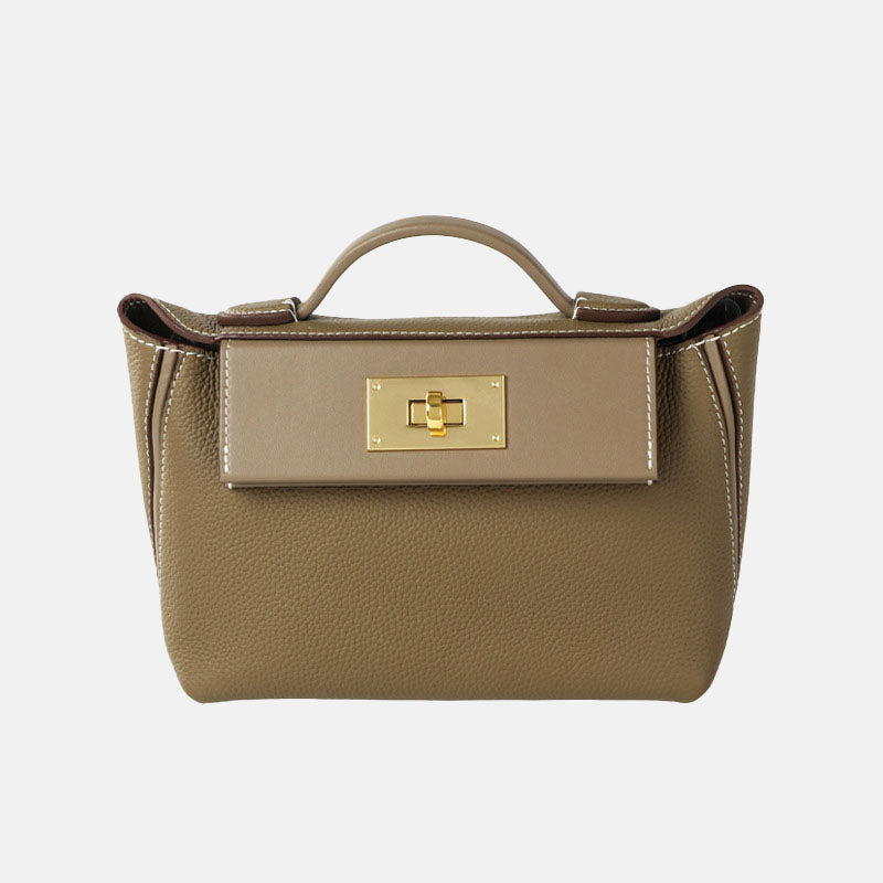 Women’s Minimalist Genuine Leather Lock Closure Top Handle Bag image