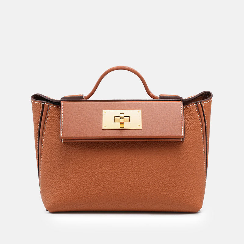 Women’s Minimalist Genuine Leather Lock Closure Top Handle Bag image 6