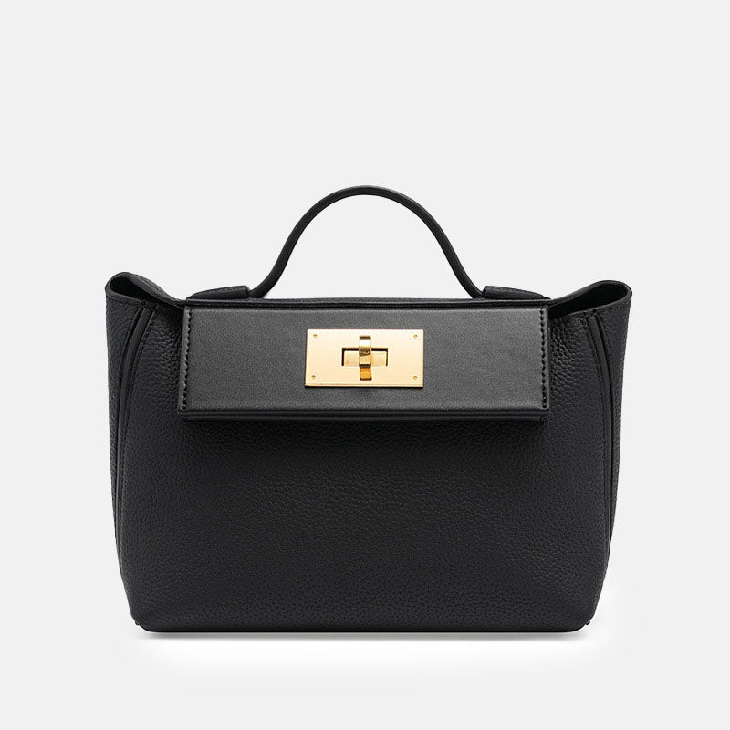 Women’s Minimalist Genuine Leather Lock Closure Top Handle Bag image 7