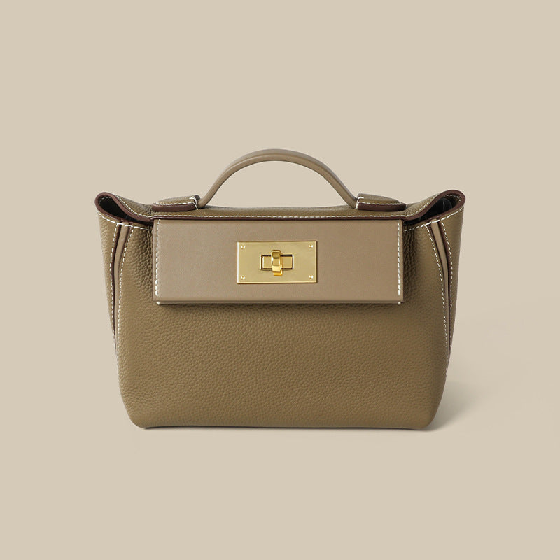 Women’s Minimalist Genuine Leather Lock Closure Top Handle Bag image 2