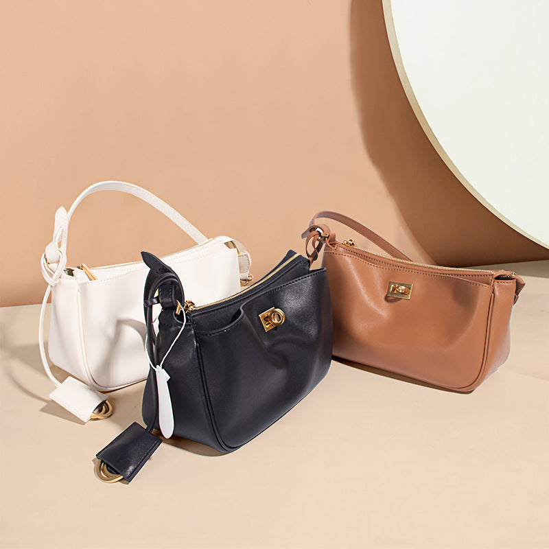 Women’s Minimalist Genuine Leather Lock-Closure Zipper Shoulder Baguette Bag image 4