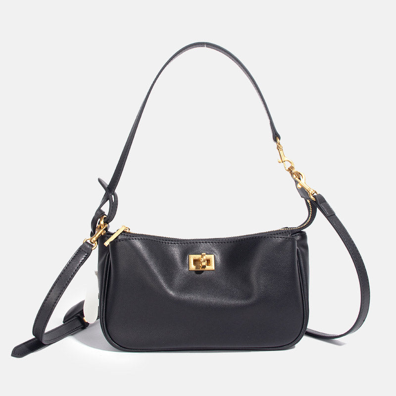 Women’s Minimalist Genuine Leather Lock-Closure Zipper Shoulder Baguette Bag image