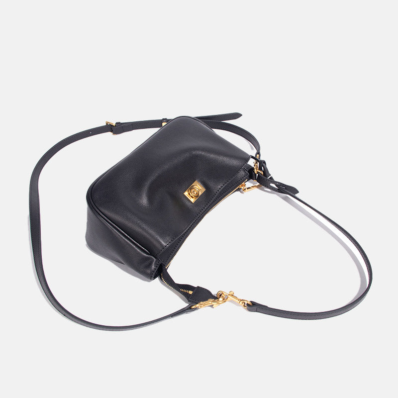 Women’s Minimalist Genuine Leather Lock-Closure Zipper Shoulder Baguette Bag image 3