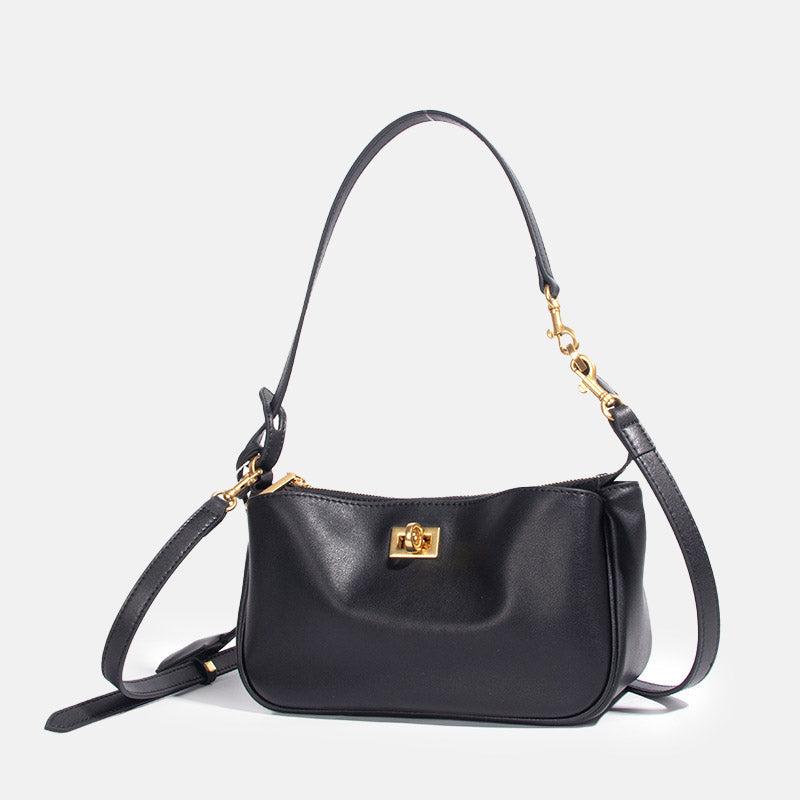 Women’s Minimalist Genuine Leather Lock-Closure Zipper Shoulder Baguette Bag image 2