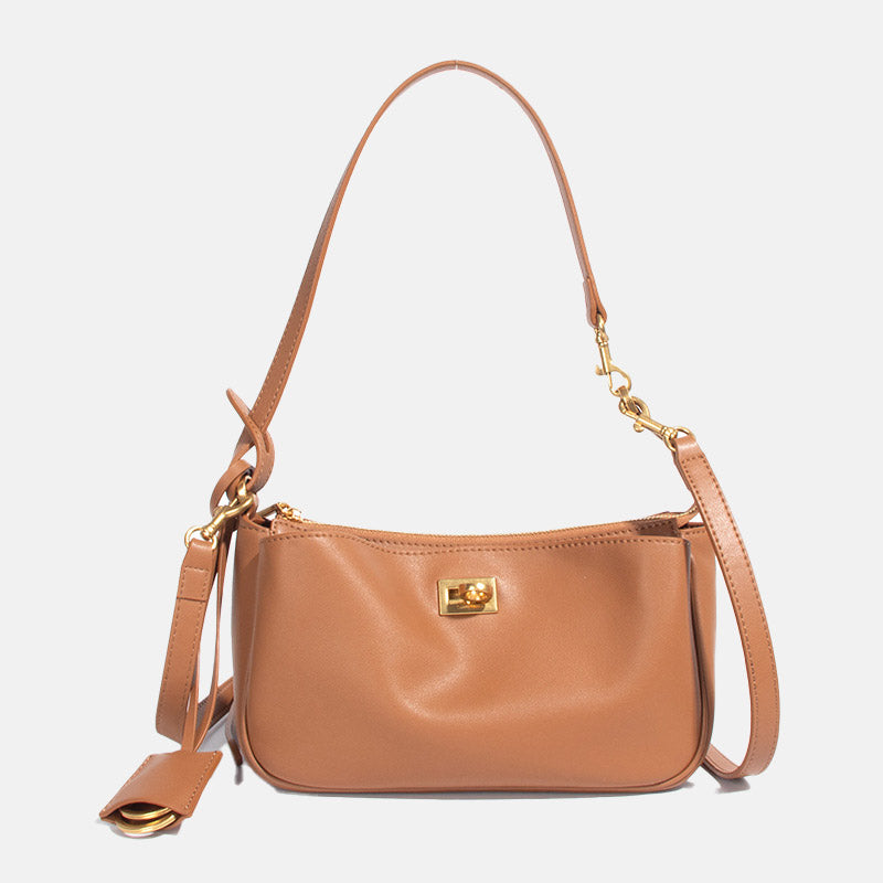Women’s Minimalist Genuine Leather Lock-Closure Zipper Shoulder Baguette Bag image 6