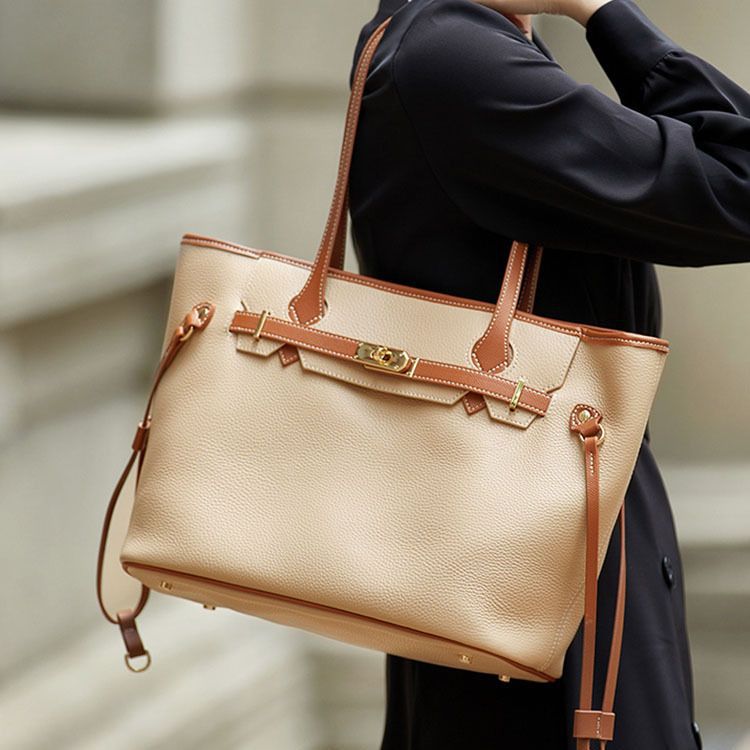 Women’s Minimalist Genuine Leather Lock Decoration Tote Bag image 6