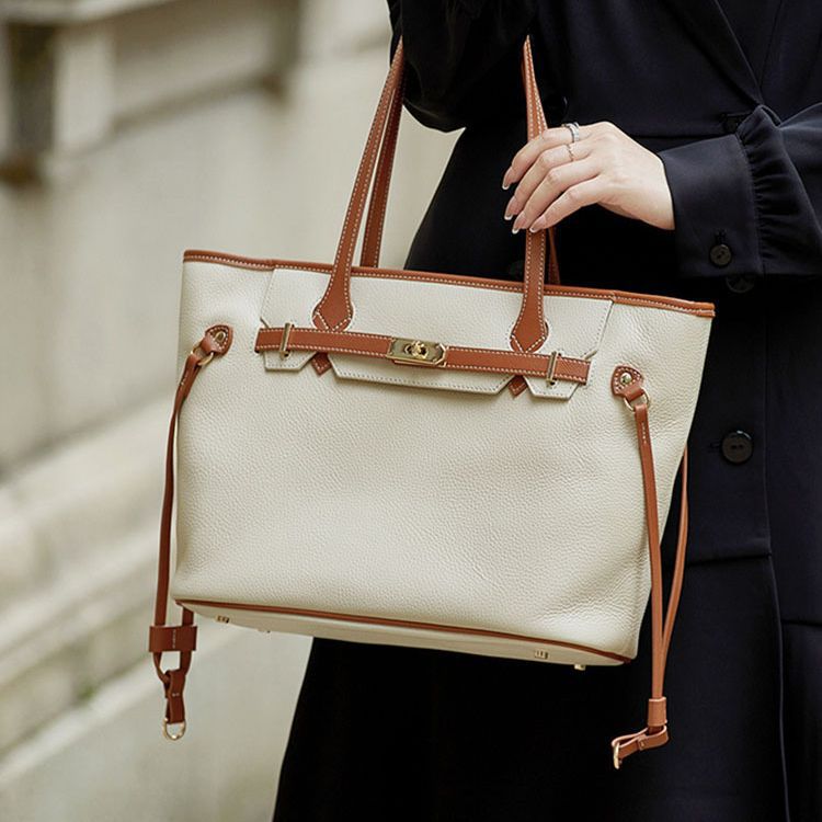 Women’s Minimalist Genuine Leather Lock Decoration Tote Bag image 2
