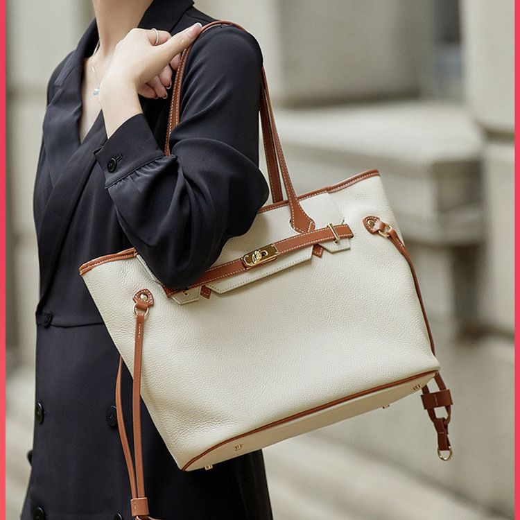 Women’s Minimalist Genuine Leather Lock Decoration Tote Bag image 3