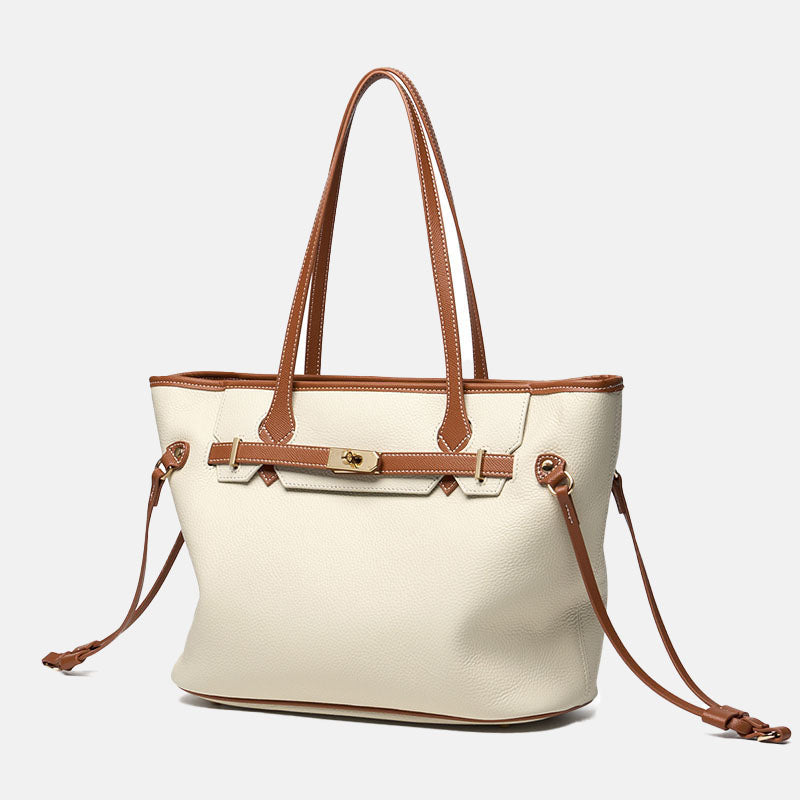 Women’s Minimalist Genuine Leather Lock Decoration Tote Bag image