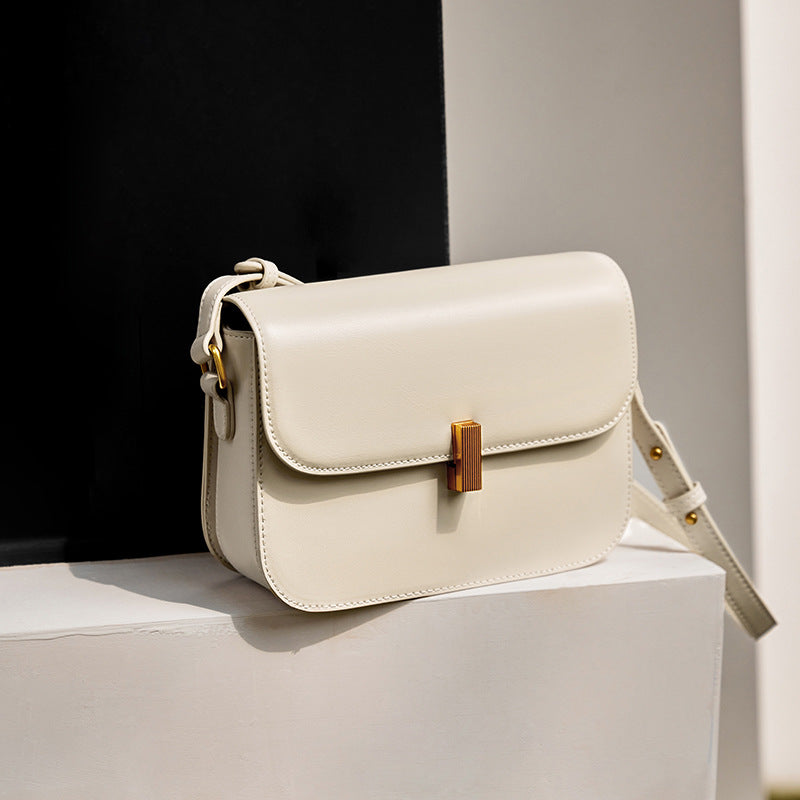 Women’s Minimalist Genuine Leather Lock Flap Crossbody Baguette Bag image 2