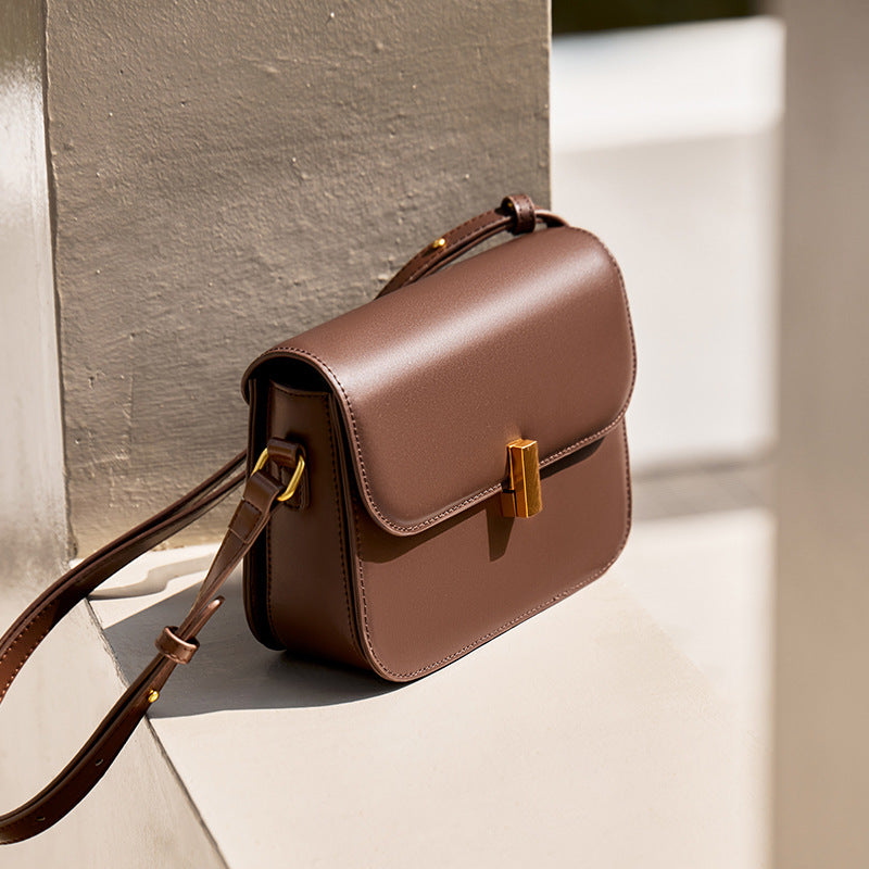 Women’s Minimalist Genuine Leather Lock Flap Crossbody Baguette Bag image 6