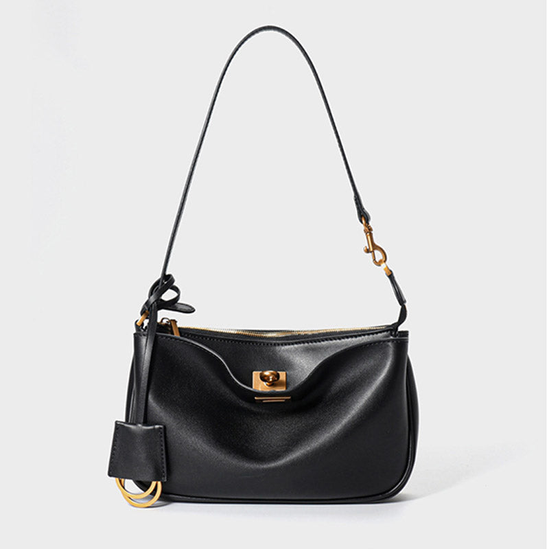 Women’s Minimalist Genuine Leather Lock Zipper Shoulder Baguette Bag image
