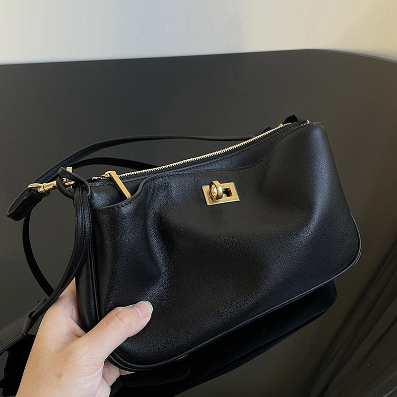 Women’s Minimalist Genuine Leather Lock Zipper Shoulder Baguette Bag image 3