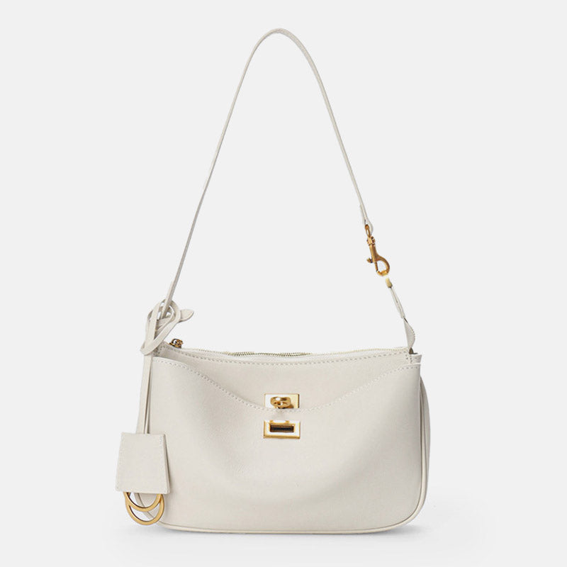 Women’s Minimalist Genuine Leather Lock Zipper Shoulder Baguette Bag image 5