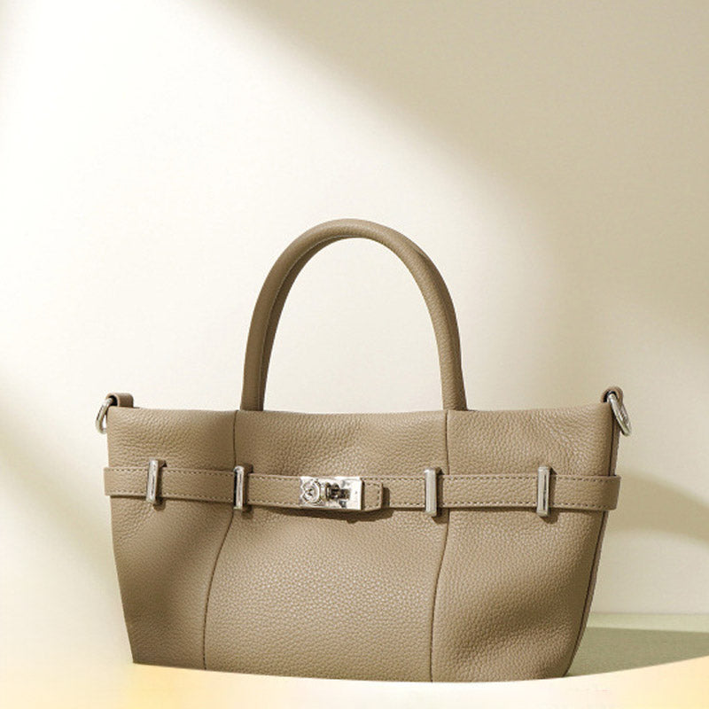 Women’s Minimalist Genuine Leather Lychee Pattern Lock Tote Bag image 4