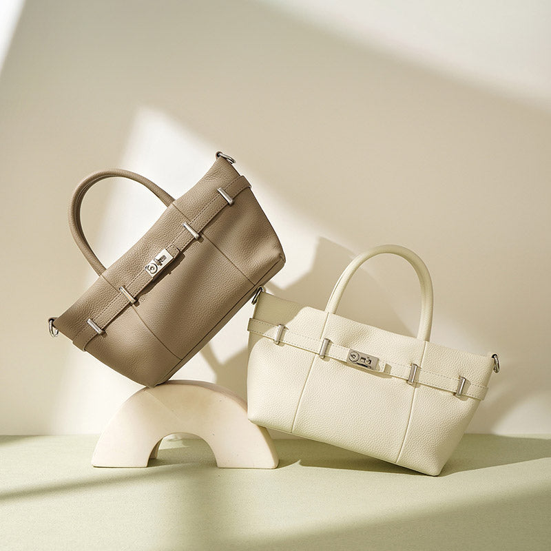 Women’s Minimalist Genuine Leather Lychee Pattern Lock Tote Bag image 5
