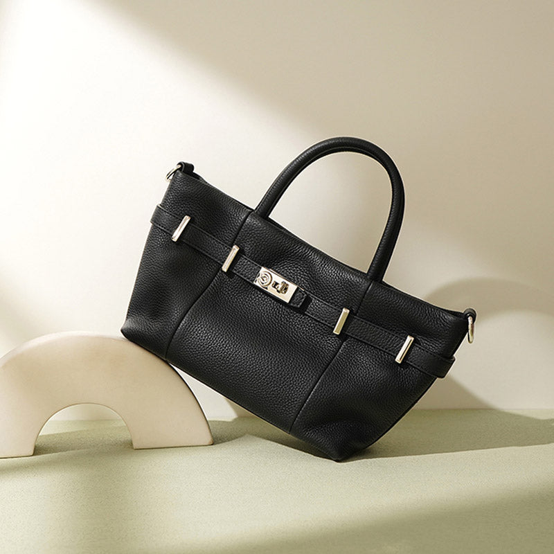 Women’s Minimalist Genuine Leather Lychee Pattern Lock Tote Bag image 2