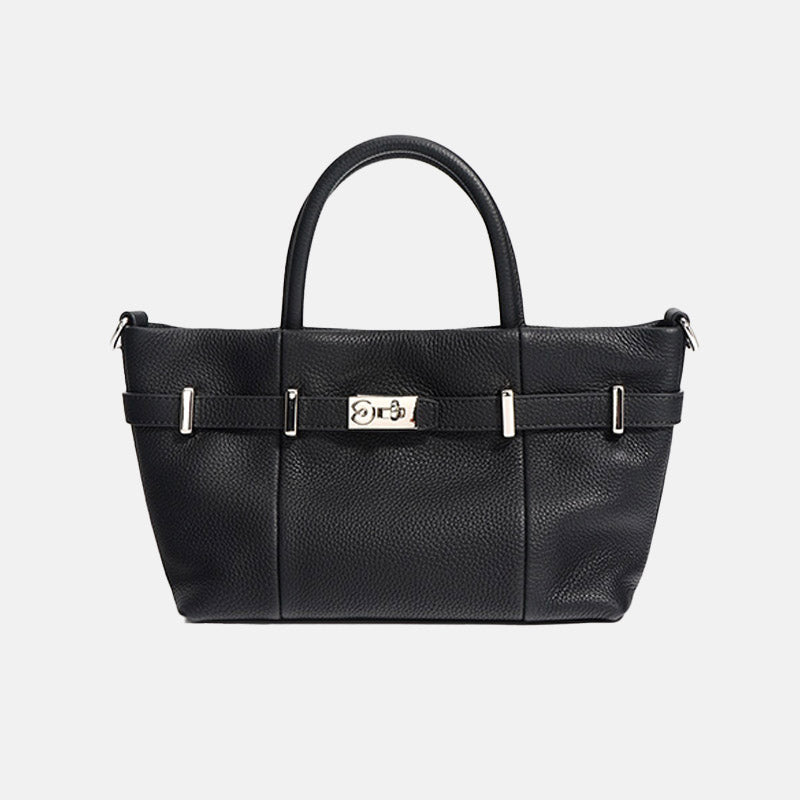 Women’s Minimalist Genuine Leather Lychee Pattern Lock Tote Bag image