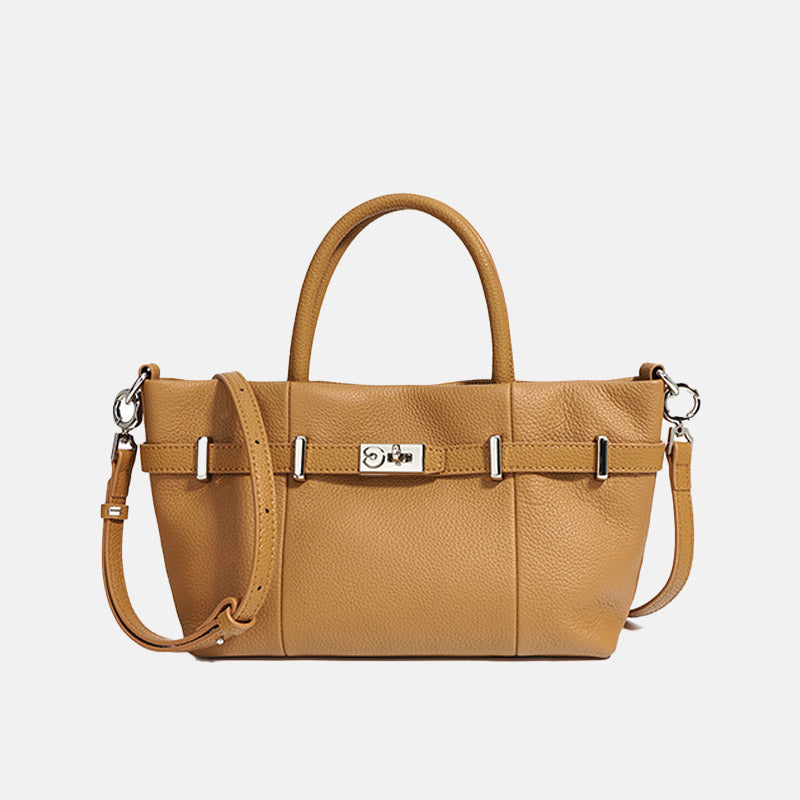 Women’s Minimalist Genuine Leather Lychee Pattern Lock Tote Bag image 7