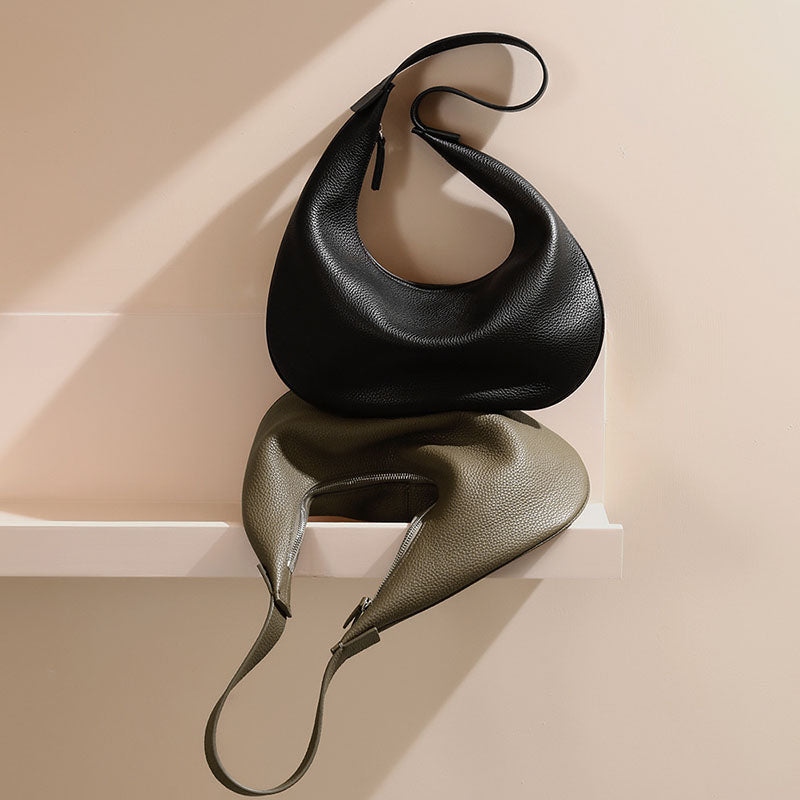 Women’s Minimalist Genuine Leather Lychee Texture Shoulder Hobo Bag image 5